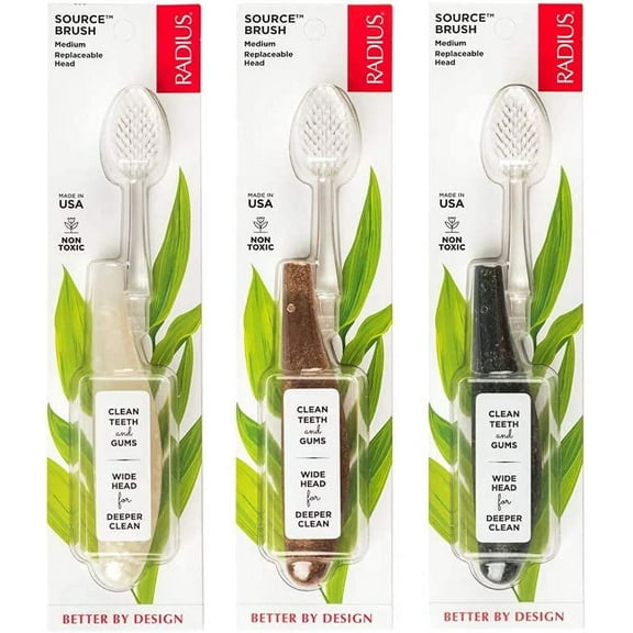RADIUS Toothbrush Source Floss Brush BPA Free & ADA Accepted Improve Gum Health & Reduce Gum Issues - Medium - Cornstarch/Hemp/Money - Pack of 3