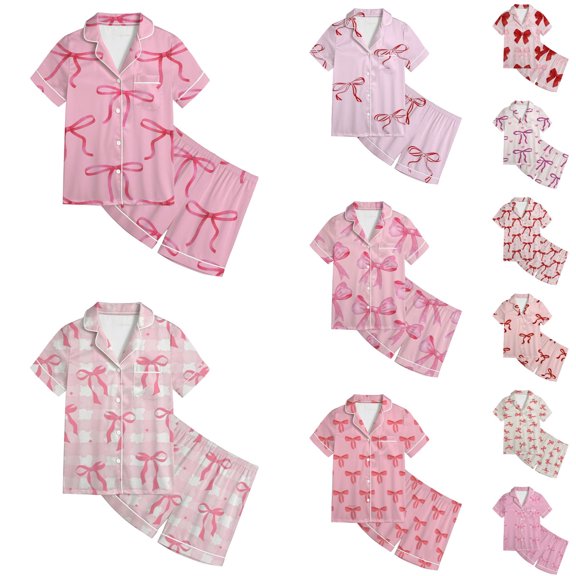 LRen Valentines Outfits for Girls Pink Bowknot Satin Two Piece Set Short Sleeve Button-Down Top And Matching Elastic Waist Shorts Soft Summer Clothes