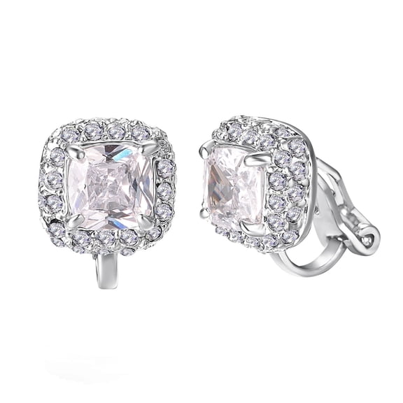 Yoursfs Square Crystal Clip On Earrings For Women White Gold Plated Halo Fake Small Non Pierced CZ Ear Jewelry Holiday Gift