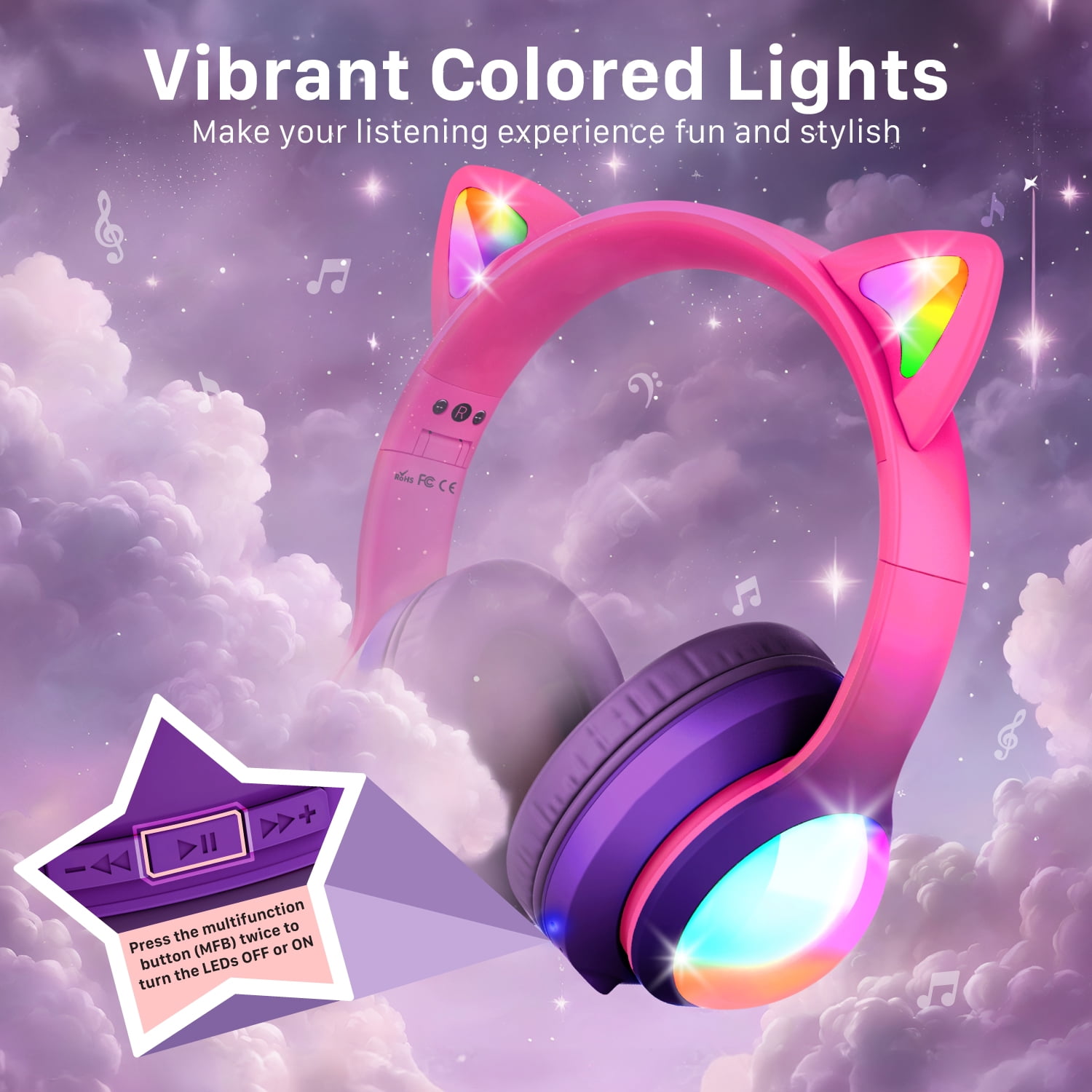 FosPower Kids Bluetooth Headphones with LED Cat Ears (85/94dB Volume Limit & 60H Play Time) Foldable Wireless/Wired Headset with 3.5mm Cable for School/Travel - Hot Pink/Purple
