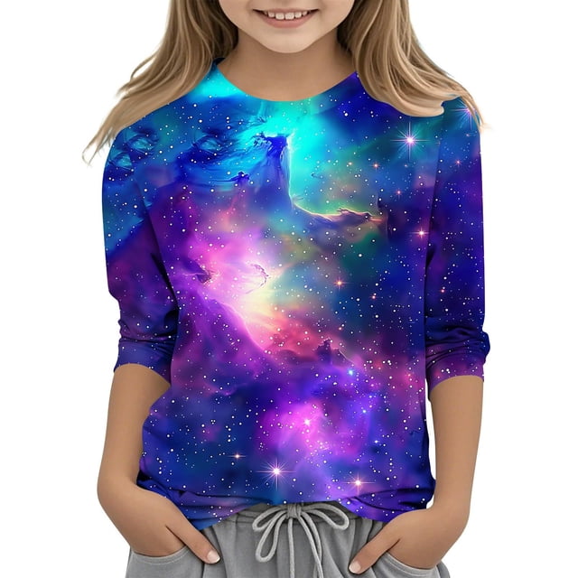 T-shirts Graphiques pour Enfants, Imprimé Espace, Manches 3/4 Col Rond, Haut en Polyester, Coupe Régulière