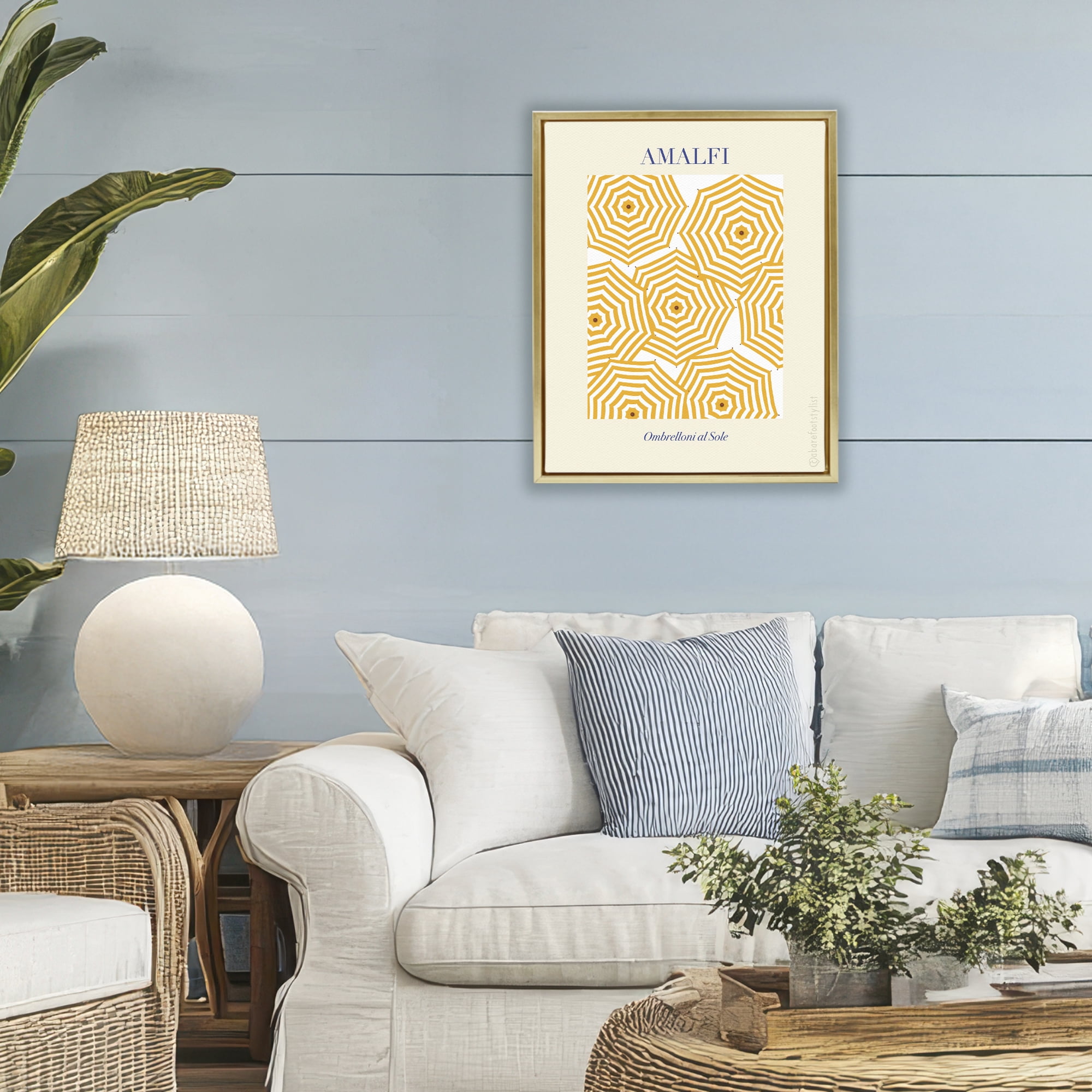 Stupell Industries Yellow Amalfi Umbrellas Gold Framed Floater Canvas Wall Art, design by A Barefoot Stylist