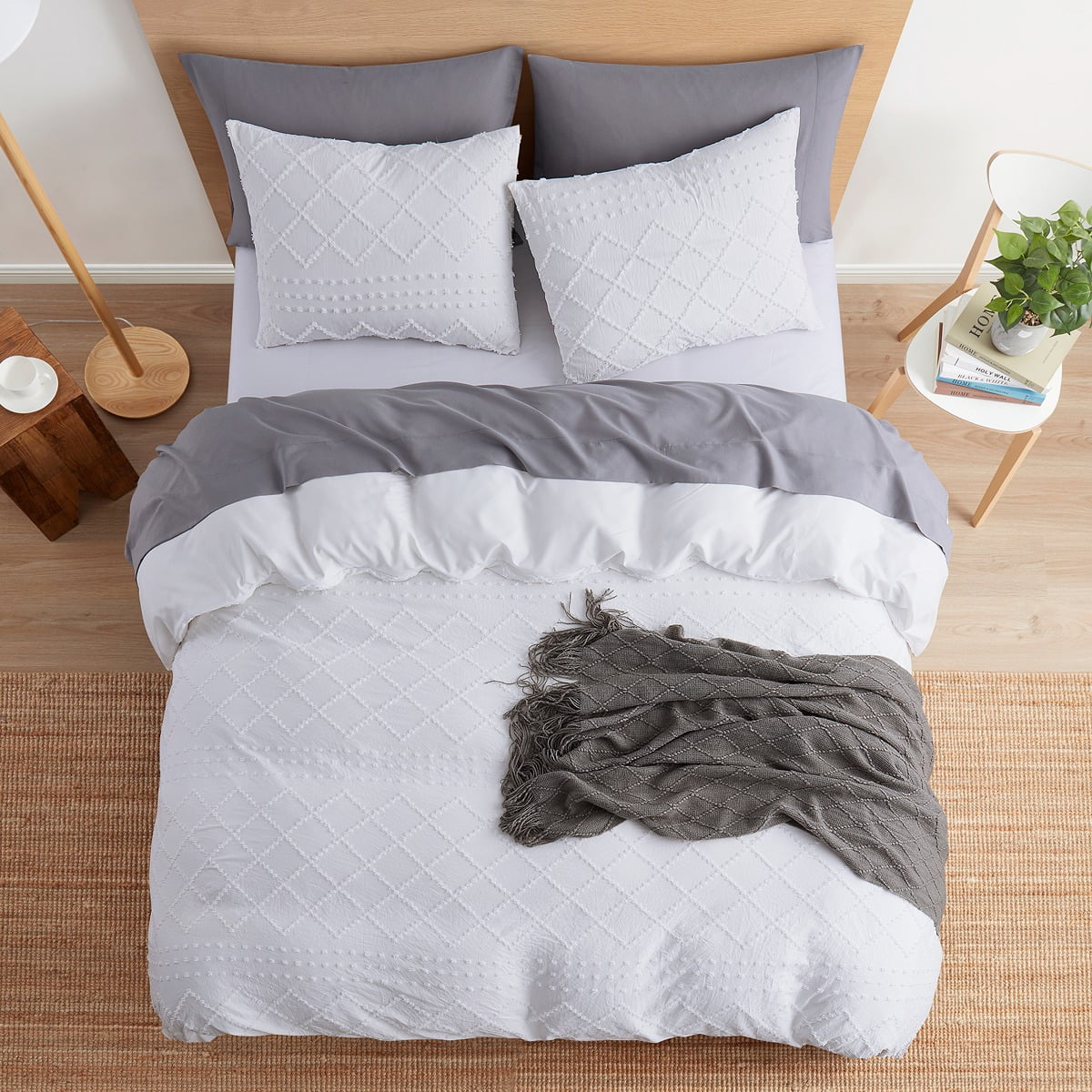 Nestl Boho 3 Piece Duvet Cover Set, Tufted Embroidery Double Brushed Duvet Cover with Button Closure with 2 Pillow Shams, King (90"x104") - White