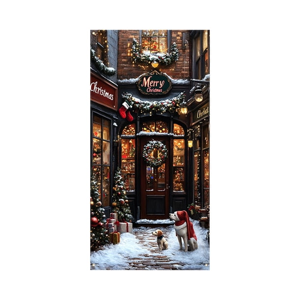 Cortina de puerta navideña con decoración navideña, fondo con escena navideña