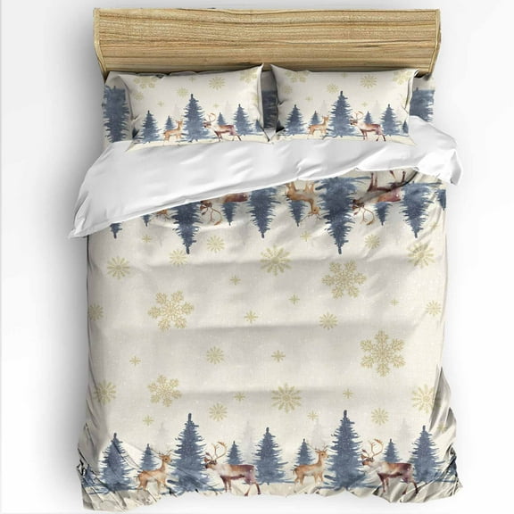 Christmas Full Size Comforter Set, Vintage PineTree Forest Elk Winter Snowflakes Linen Bedding for All Seasons, 4 Pcs Bed Set with 1Comforter (86"x86") ,1 Sheet(80"x116"), 2 Pillowcases (19"x29")