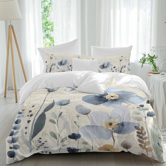 Gradient Blue Flower Queen Size Comforter Set, Country Spring Blue Floral Newspaper Texture Bedding for All Seasons, 4 Pcs Bed Set, 1Quiltcover (90"x92") ,1Sheet(94"x116"), 2Pillowcases (30"x20")