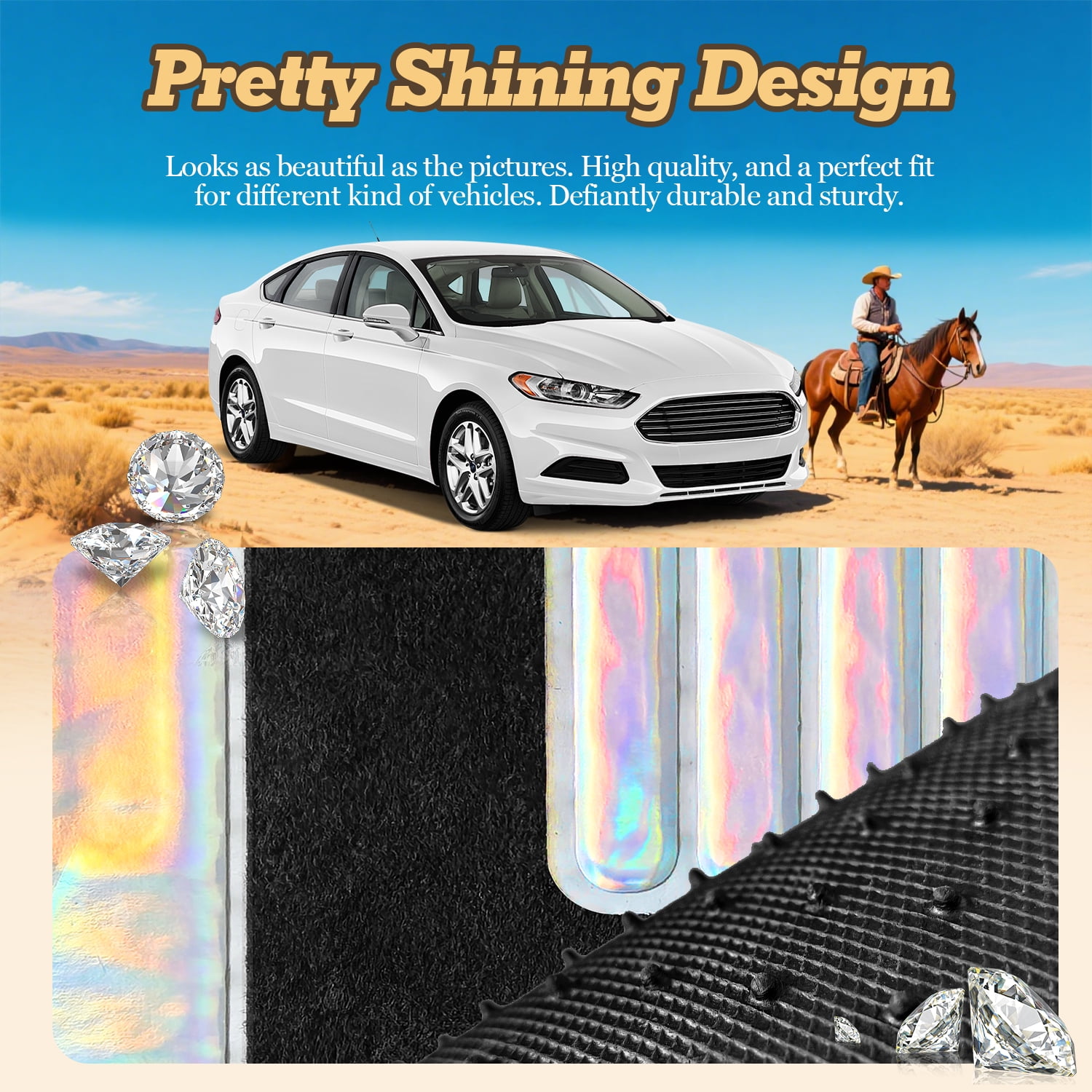 4 Pcs Bling Car Floor Mats with Iridescent Laser Sparkle, Universal Fit Carpet Liners for Women Girls, Non-Slip Waterproof (Black + Iridescent Laser Sparkle)