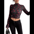 thumbnail image 2 of Camiseta de Larga con Estampado Floral Transparente Y2K, Cuello Redondo, Mangas Acampanadas y para Mujer Negro XL, 2 of 10