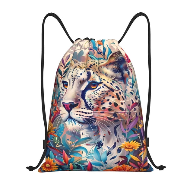 Saiise Vibrant Leopard In Flowers Pattern Sports Drawstring Backpack - String Swim Gym Bag with Wet Proof Pocket for Women&Men-Small
