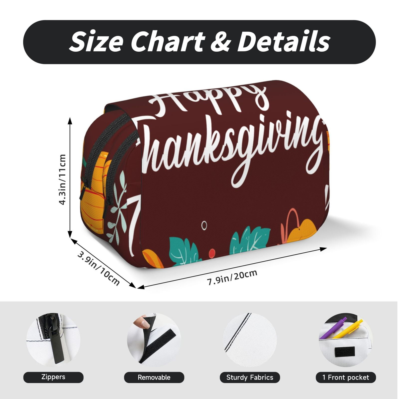Rateoe Happy Thanksgiving Pattern Double Clamshell Pen Case, Storage Organizer with Two Zipper Compartments– Holds Up to 50 Pencils & Pens