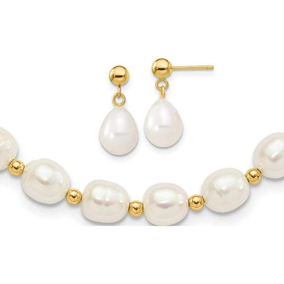 14K Yellow Gold 7-8mm White Fw Cultured Pearl Necklace And Bead Post Earring Set (18 X 7.5) Made In Canada xf499set