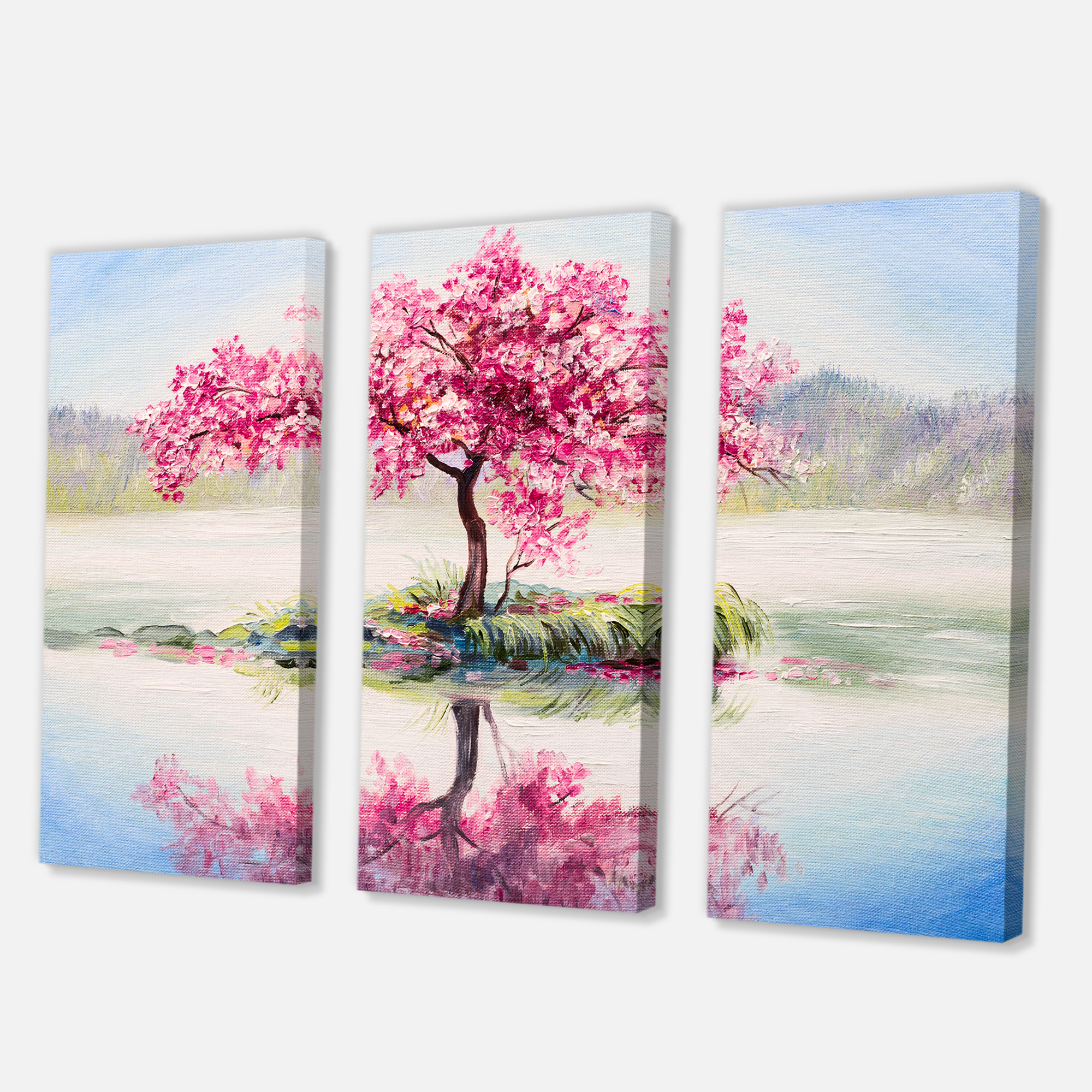 Designart ' Oriental Cherry Pink Tree Sakura On The Lake ' Lake House Canvas Wall Art Print