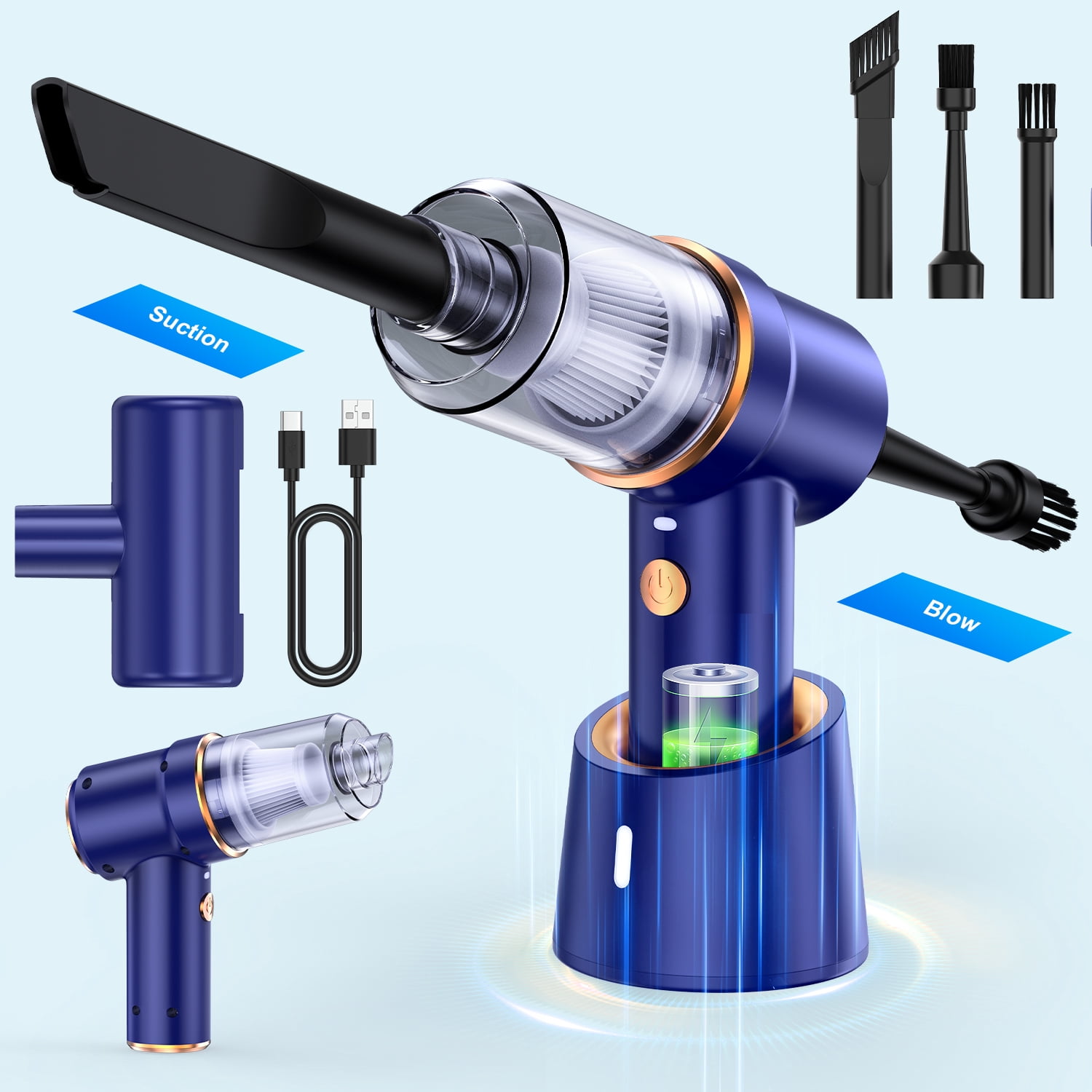 Compressed Air Duster Cordless Handheld Vacuum with Charging Base,AILKIN LED Light Air Blower Electric Compressed Air Duster Cleaner for Computer Keyboard Cleaning,Car,Electronics,Hair,Office