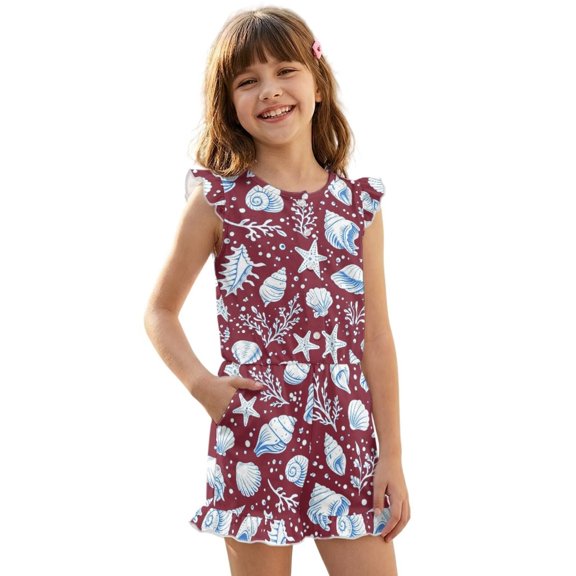 ZIATUBLES Red Seashell Starfish Print Girls Summer Romper Ruffle Cap Sleeves One-Piece Short Jumpsuit Soft Comfort Kids Casual Playsuit with Pockets for 5-6 Y