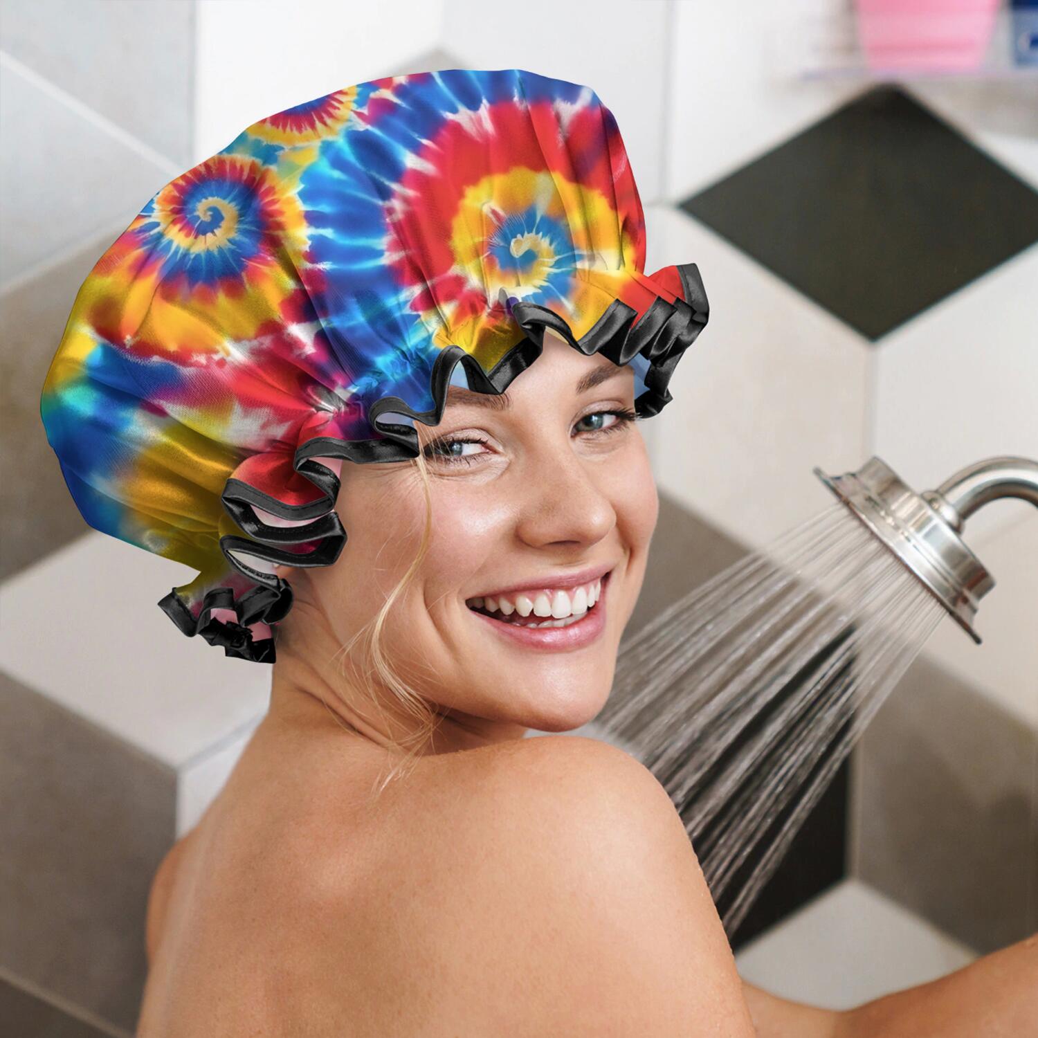 Shower Caps,Colorful Tie Dye Multi Spiral Pattern Waterproof Shower Cap for Women 4 Pieces,Double Reusable Hair Cover for Shower PEVA Elastic Stretch Hem