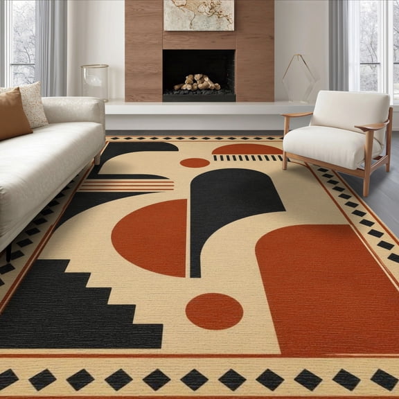 ODIKA 8'x10' Washable Area Rug Black Rust and Geometric Design Bold Abstract Shapes with Diamond Border for Living Room, Under Sectional, Family , Durable, Non-Slip