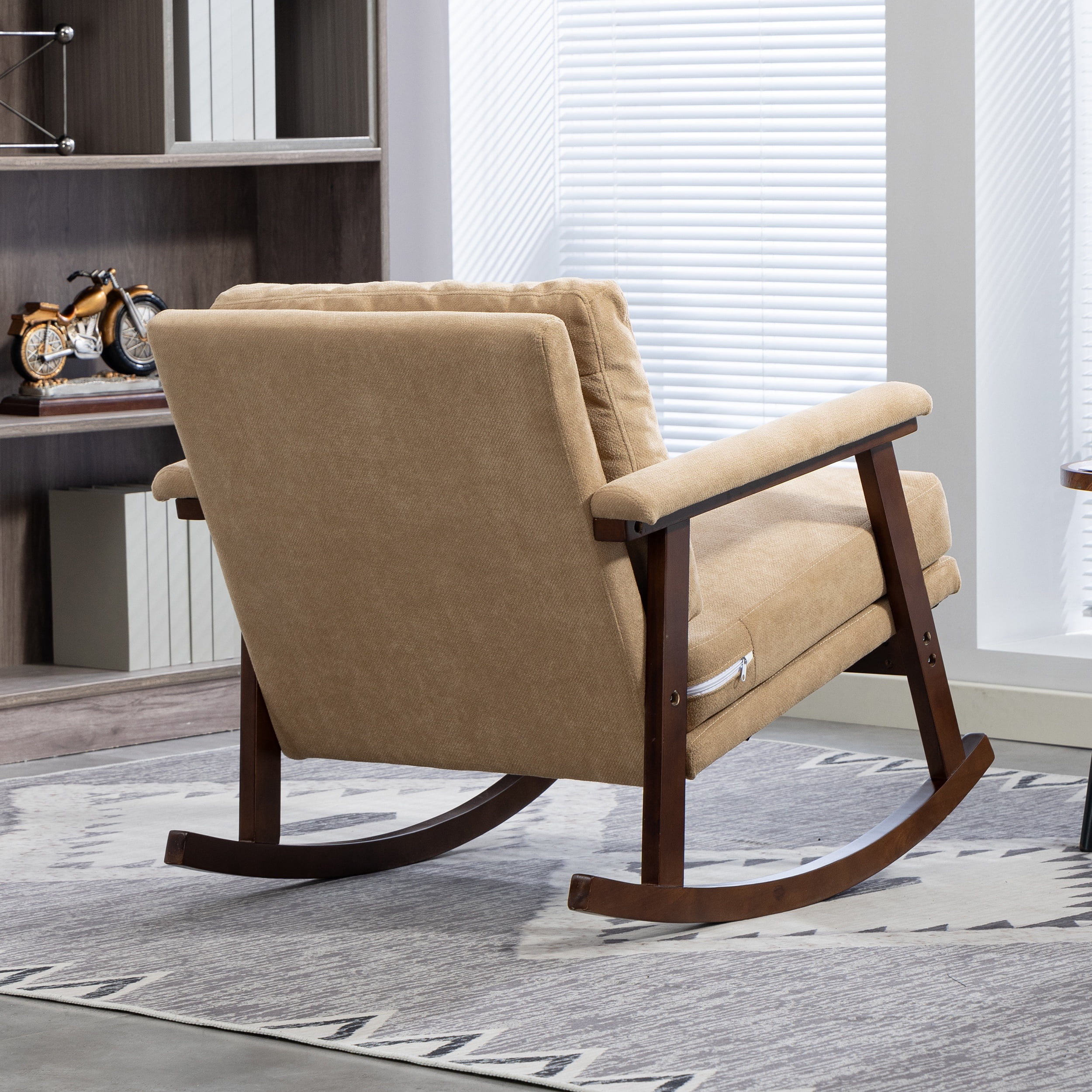 Paproos Rocking Chair, Paproos Velvet Upholstered Rocker Chair, Glider Rocker Accent Chair with Cushion, Rocking Chair for Nursery, Armchair Reading Chair for Living Room Bedroom, Khaki