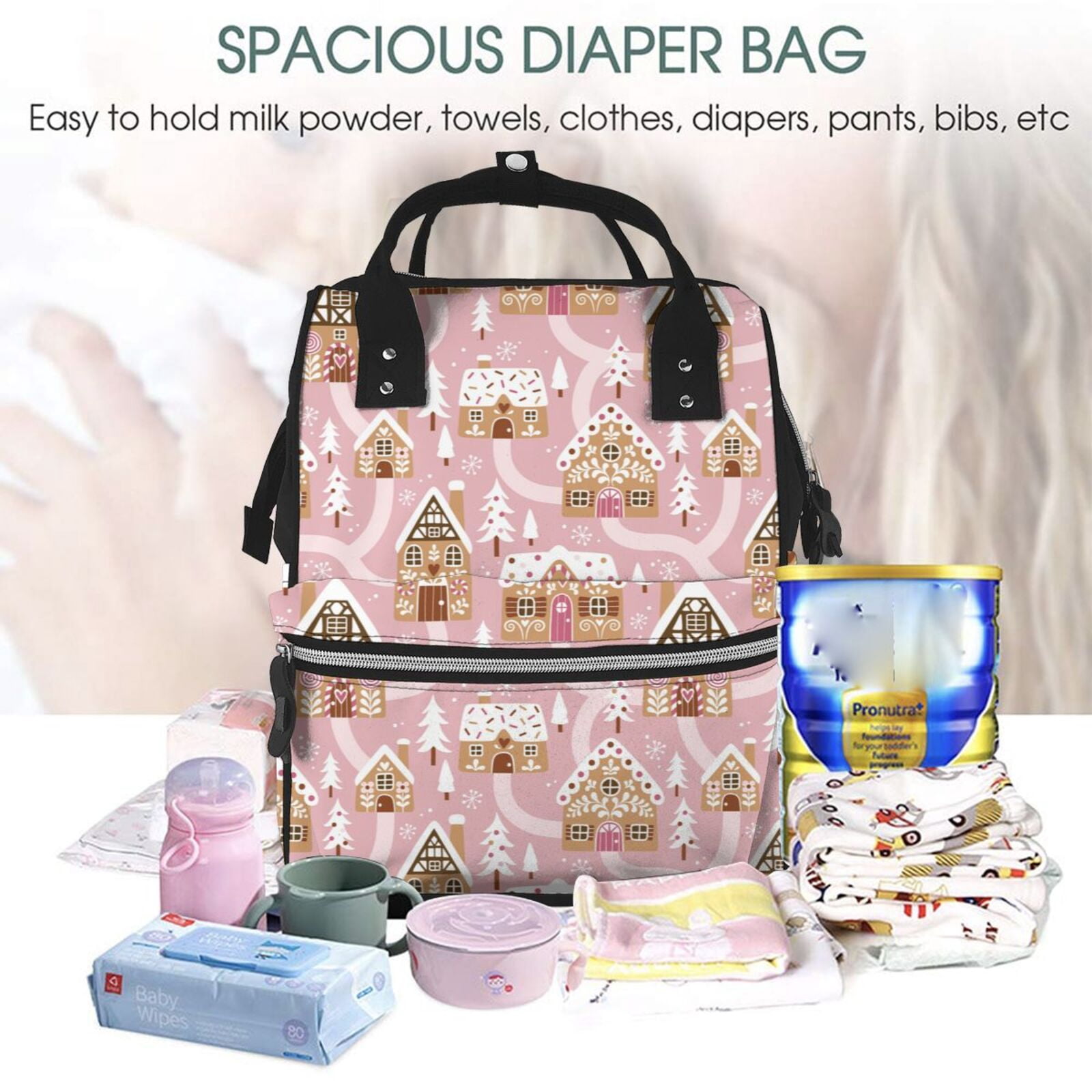 Ratiio Gingerbread Houses Pink Wonderland Mummy Backpack - Waterproof Twill Canvas, Large Capacity Diaper Bag with Multiple Pockets and Adjustable Straps