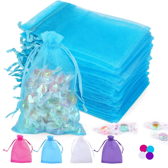 Angooni 100PcS Blue Sheer Organza Bags gift Drawstring Pouch for Jewelry Party Wedding Favor Party Festival candy Bags (4x6)