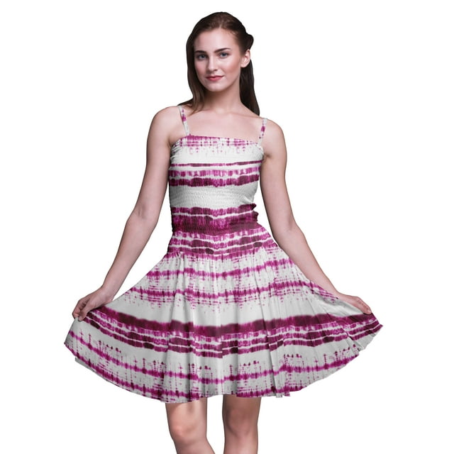 Bimba Robe Soleil Mini Teinture sur Nœuds pour Femmes à Taille Smockée Imprimée Tenue de Fête d'Été pour les Vacances-Petit