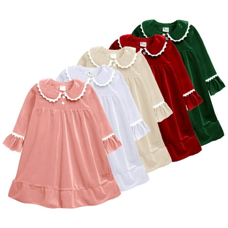 

Godderr Kids Baby Fleece Dress Pajamas 3M-11Y Toddler Lapel Long Sleeve Warm Sleepwear Dress， Infant Lotus Leaf Edge Dress Loungewear