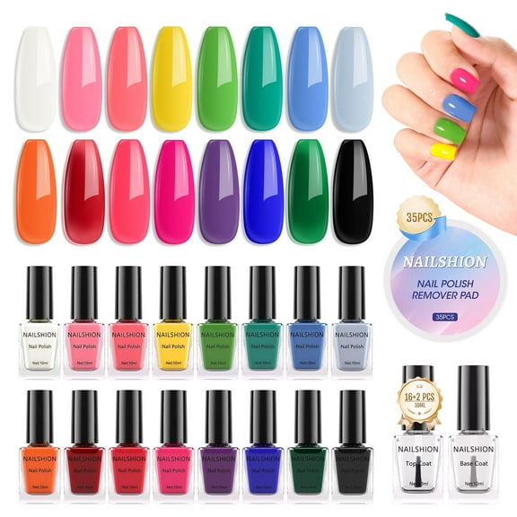 Nailshion Quick Air Dry Nail Polish Set, 16 Colors 10ML Rainbow Nail Polish with Clear Base Top Coat and 35Pcs Remover Pads Spring Summer Regular Nail Lacquer Gift for Women Girls