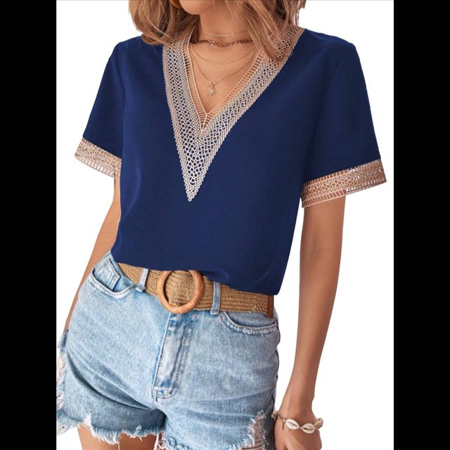 Blusas de Verano de Corta para Mujer, con Encaje y Cuello en V, Elegantes e Informales, Color Azul Oscuro, S