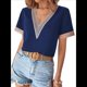 thumbnail image 1 of Blusas de Verano de Corta para Mujer, con Encaje y Cuello en V, Elegantes e Informales, Color Azul Oscuro, S, 1 of 7