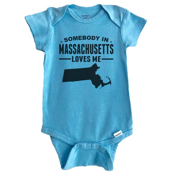 Somebody In Massachusetts Loves Me Baby Bodysuit - Massachusetts Baby Bodysuit (Blue), 0-3 Months