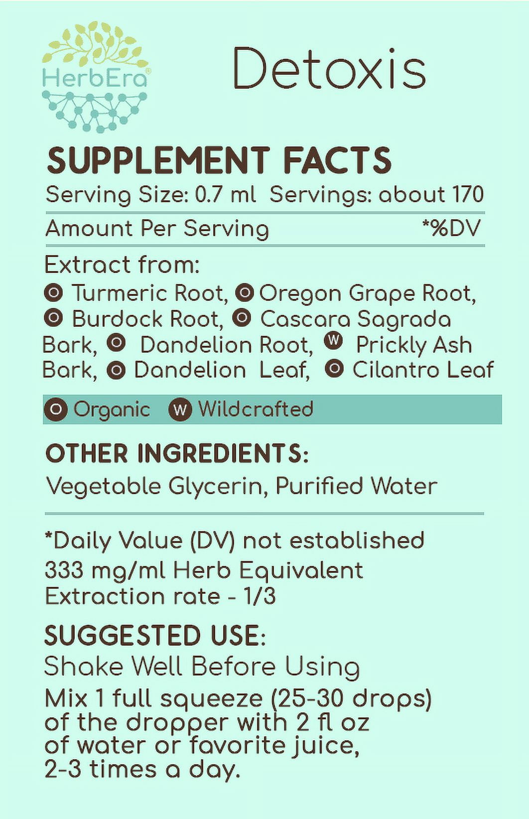 HerbEra Detoxis Extract, Dietary Supplement Herbal Formula, Made from Burdock, Cilantro Leaf, Dandelion Leaf and Root, Turmeric, Oregon Grape, Cascara Sagrada Bark, Prickly Ash Bark 4 oz