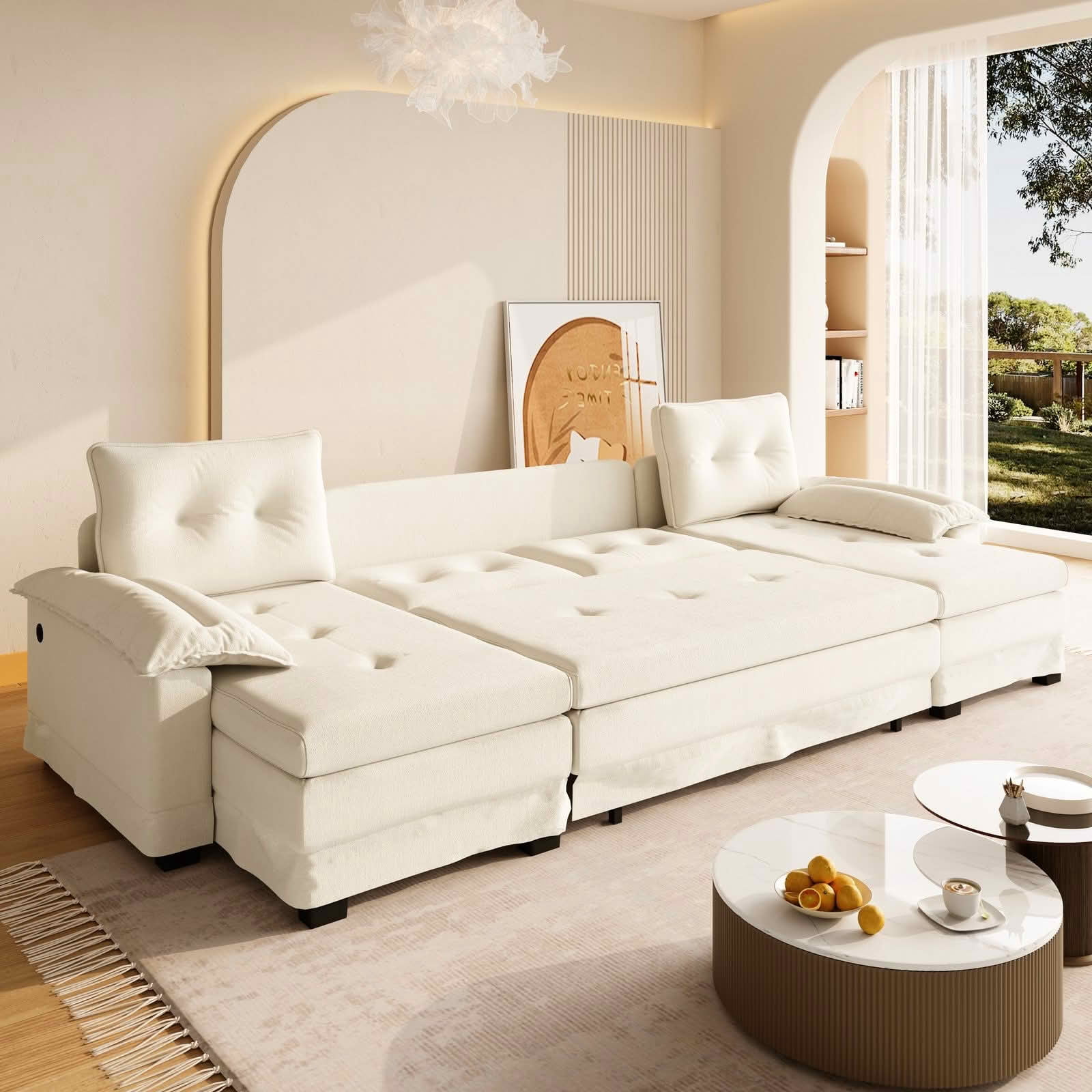MAYEERTY 109.5" U‑Shaped Pull‑Out Sleeper Sofa, 2‑in‑1 Convertible Modular Sectional with Removable Armrests, USB Ports, Chaise Lounge, 4 Pillows Included