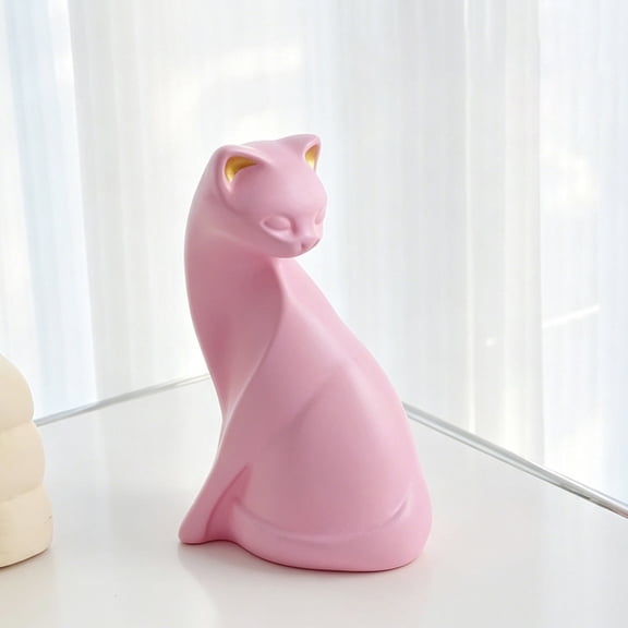 Hugtrea Pink Cat Statue, Small Resin Animal Sculpture, Minimalist Modern Art Cat Figurine for Home Living Room, Office Shelf Decor