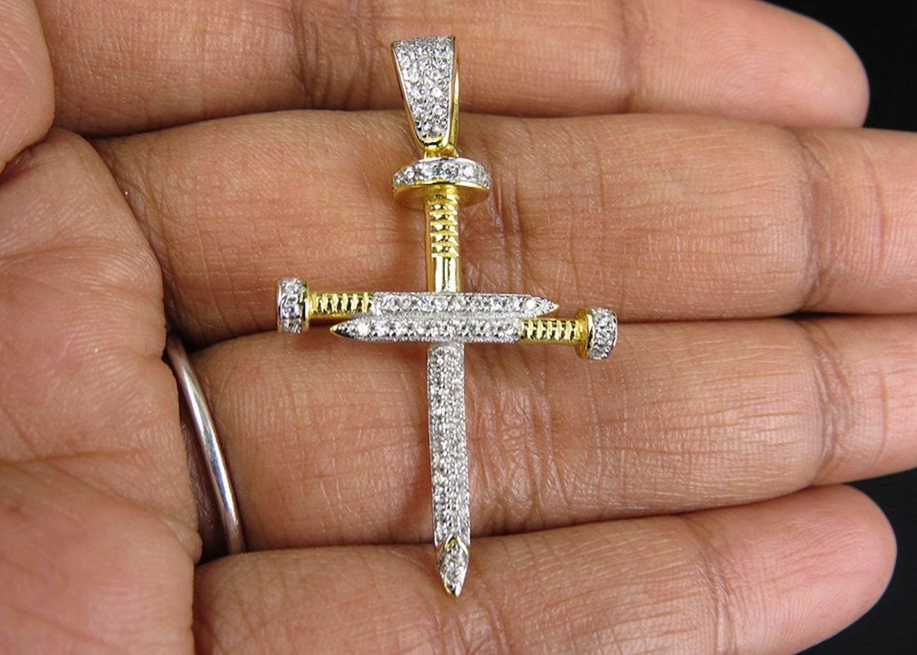 Yellow Gold Finish Sterling Silver Simulated Diamond Nail Cross Pendant 1.4 Inch