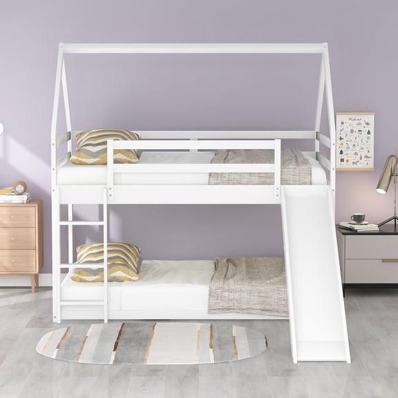 Jopath Bunk House Bed Bunk Bed Twin Over Twin with Slide and Ladder,Loft Bed House Bunk Bed Frame for Boys Girls White