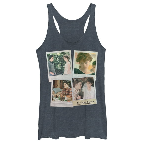 Women's Sixteen Candles Character Polaroids  Racerback Tank Top Navy Blue Heather X Large