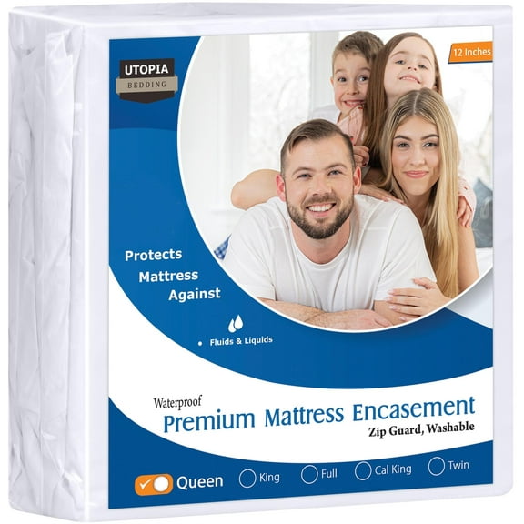 12 Inch Deep Queen Mattress Protector Waterproof Zippered Encasement, Bed Bug Dust Mite Proof Cover with Breathable Fabric, White
