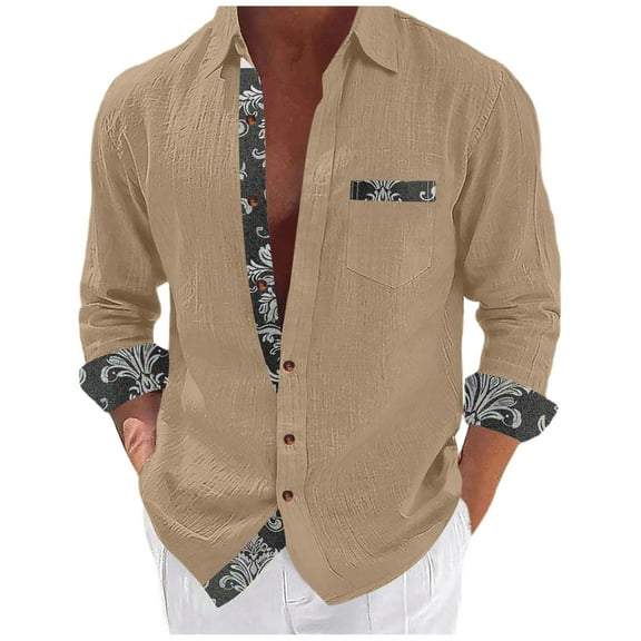 FAWUUDO Hawaiian Shirt for Men Button Down Long Sleeve Blouse Stretch V Neck Blouses Fall Beach Vacation Shirts Clothes with Pockets Khaki