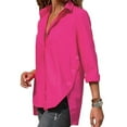 thumbnail image 3 of Wenyuyu Womens Button Down Tshirts Lightweight Solid Color Blouses Roll Long Sleeve V-Neck Tops Split Hem Shirts Hot Pink M, 3 of 7