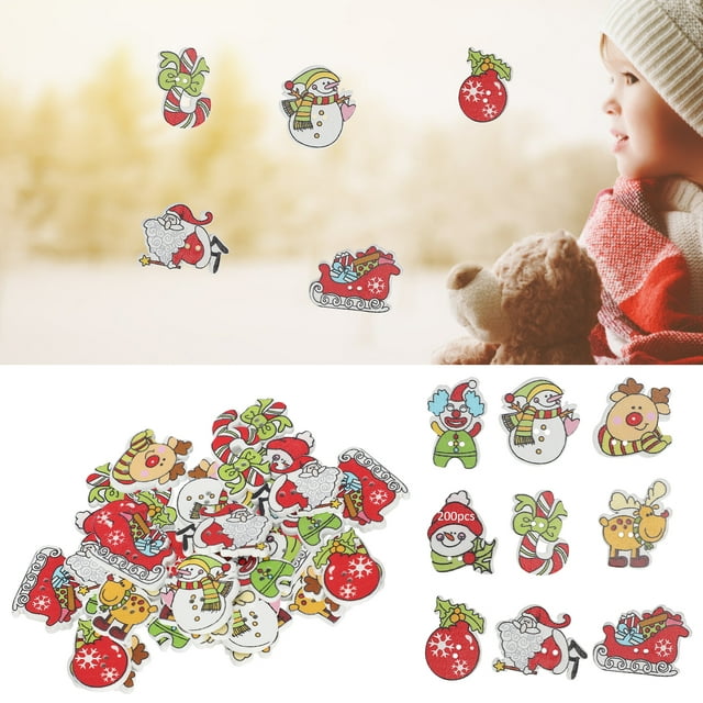 Dioche Crafts Making Buttons,200pcs Cute Mix Sewing Wooden Button Flatback Snowflake Snowman Elk Hand Craft Accessories For Christmas DIY