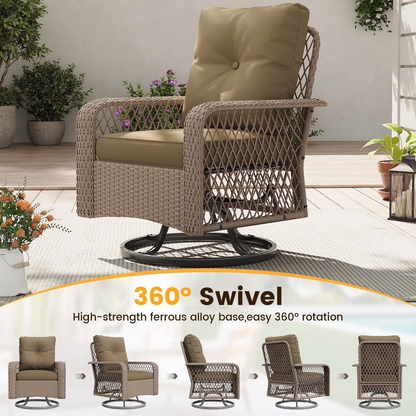 ELPOSUN 3-Piece Patio Furniture Set, Outdoor Wicker Swivel Glider Chair with Glass Top Table and Cushions, Brown