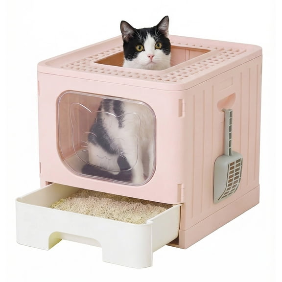 SHOUFTW Cat Litter Box with Drawer & Lid，Large Foldable Kitty Litter Box with with Litter Scoop, Front & Top Entry for Odor Control, Easy Cleaning, Gray