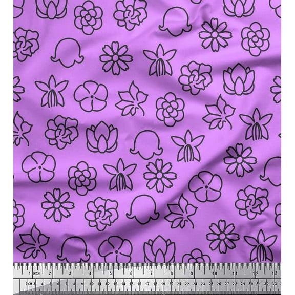 Soimoi Purple Cotton Duck Fabric Black Sketch Floral Print Fabric by the Yard 42 Inch Wide