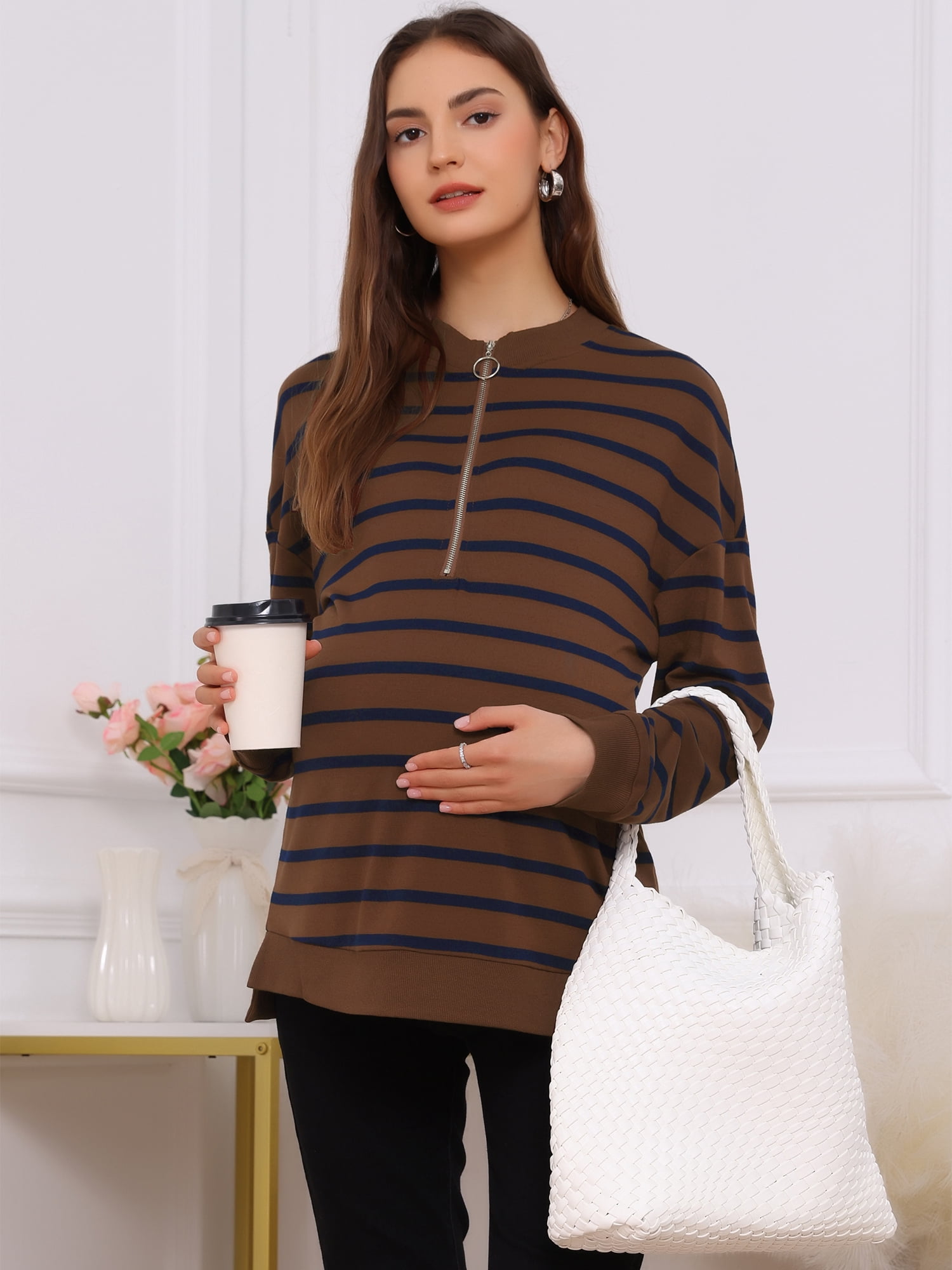 DARING DIVA Women's Maternity Mock Neck Long Sleeve Half Zip Sweatshirt S Brown