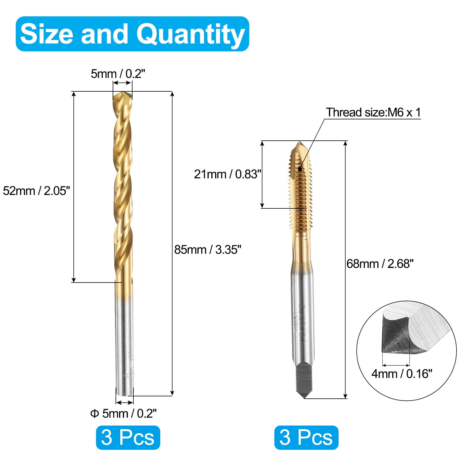 Uxcell Tap and Drill Bit Set, 3pcs M6 x 1 Metric Spiral Point Thread Screw Taps & 3pcs 5.0mm Twist Drill Bits, Titanium Coated HSS-6542 Tapping Threading Tool Kit