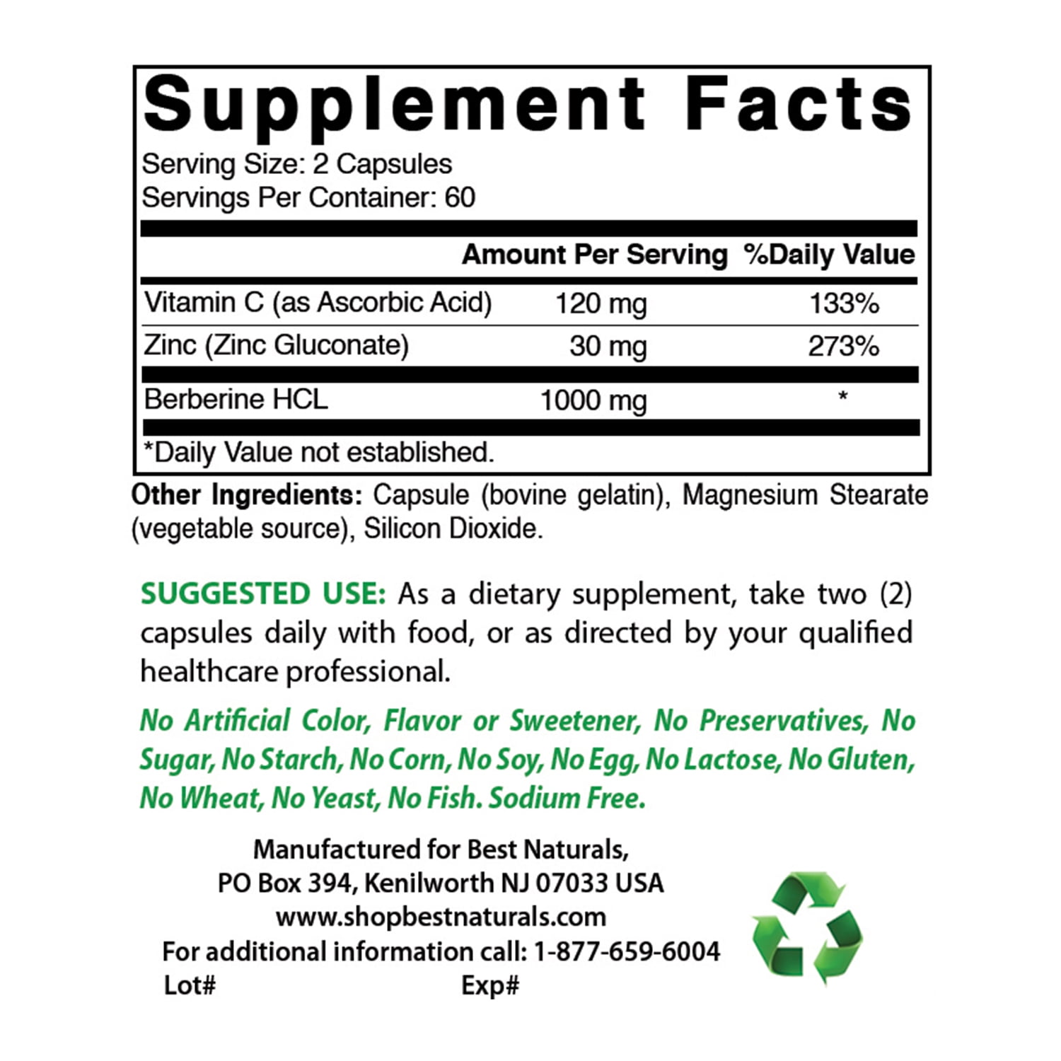 2 Pack Best Naturals Berberine Plus 1000 mg per serving 120 Capsules | Berberine for Healthy Blood Sugar Levels, Digestion & Immunity (Total 240 Capsules)