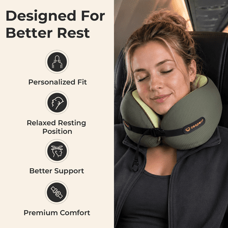 CESPERI® TRAVEL NECK PILLOW – LIGHTWEIGHT MEMORY FOAM AIRPLANE PILLOW, ERGONOMIC SUPPORT FOR FLIGHTS, CAR RIDES, AND HOME, LARGE SIZE (AVOCADO GREEN)