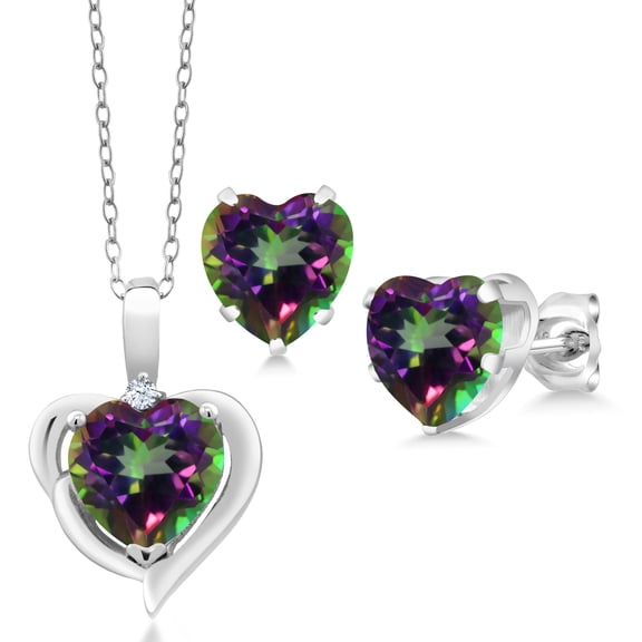 Gem Stone King 6.62 Ct Heart Shape Green Mystic Topaz 925 Sterling Silver Pendant and Earrings Jewelry Set