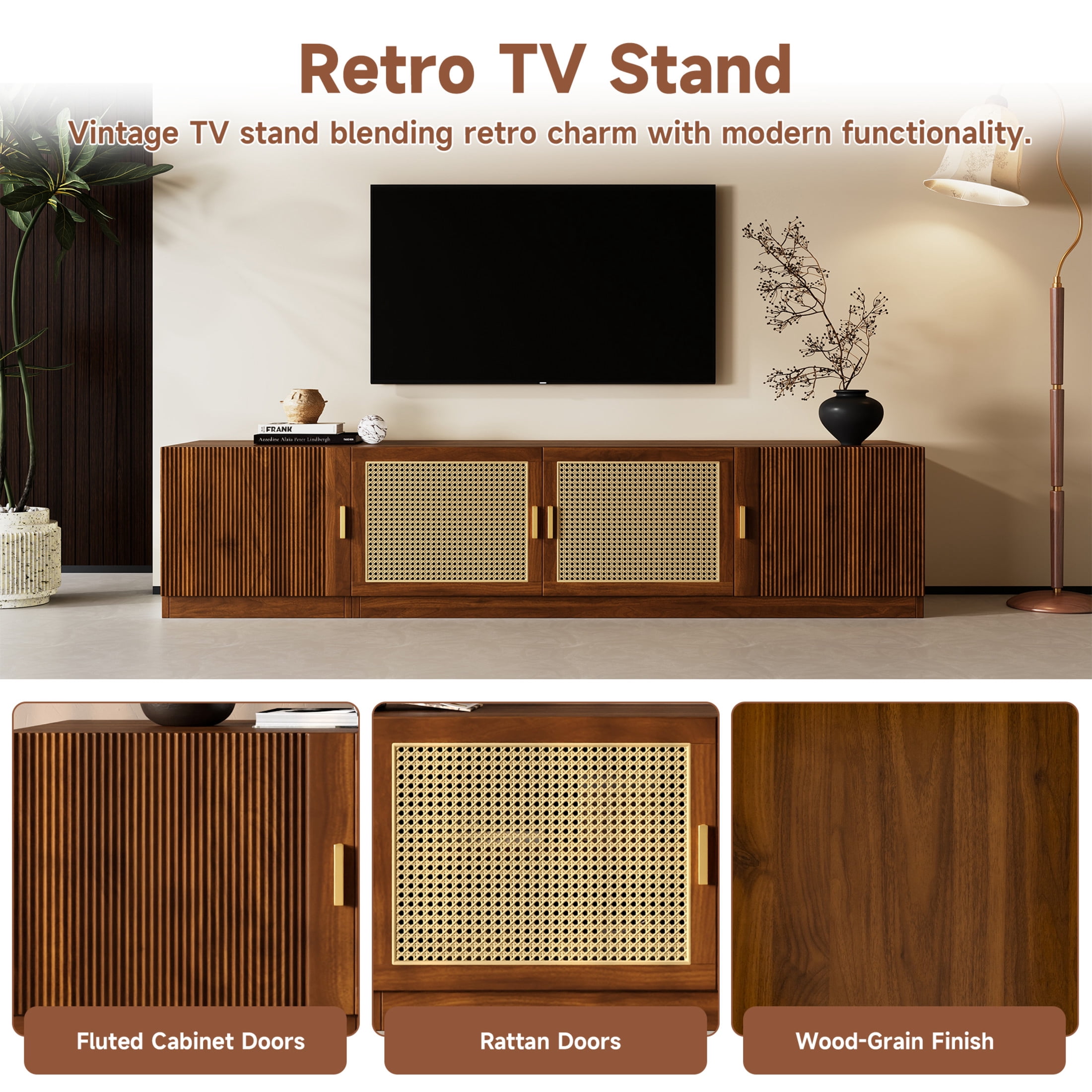 Noble House TV Stand for TVs up to 85", Media Console with Rattan Doors and Adjustable Shelves, Walnut