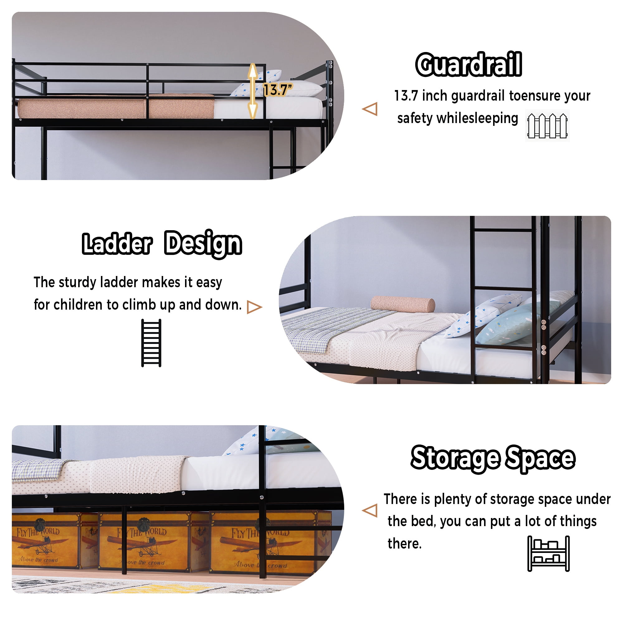 Leumius Twin Over Twin Metal Bunk Bed with 13.7 Inch High Safety Guardrail & Sturdy Ladder,Converts to 2 Beds,No Box Spring Needed,Black