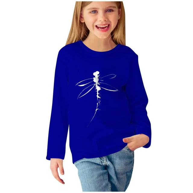 T-shirts à Manches Longues pour Filles, Col Rond, en Coton, Imprimé Libellule, T-Shirts Décontractés d'Automne et de Printemps, T-Shirts Graphiques Basiques pour Enfants (3 Ans, Bleu)